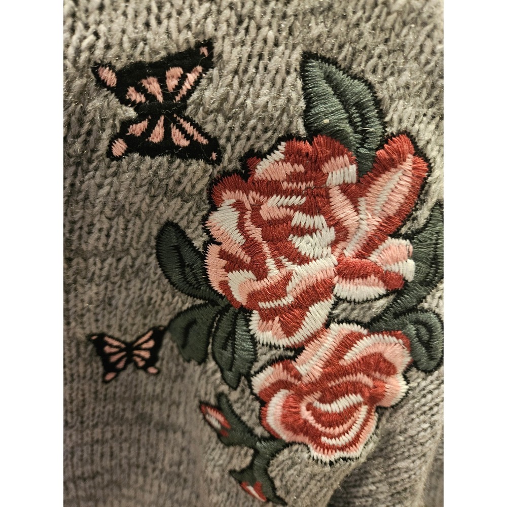 Girlhood Core Embroidered Rose Butterfly‎ Sweater Gray Mock Turtleneck #476